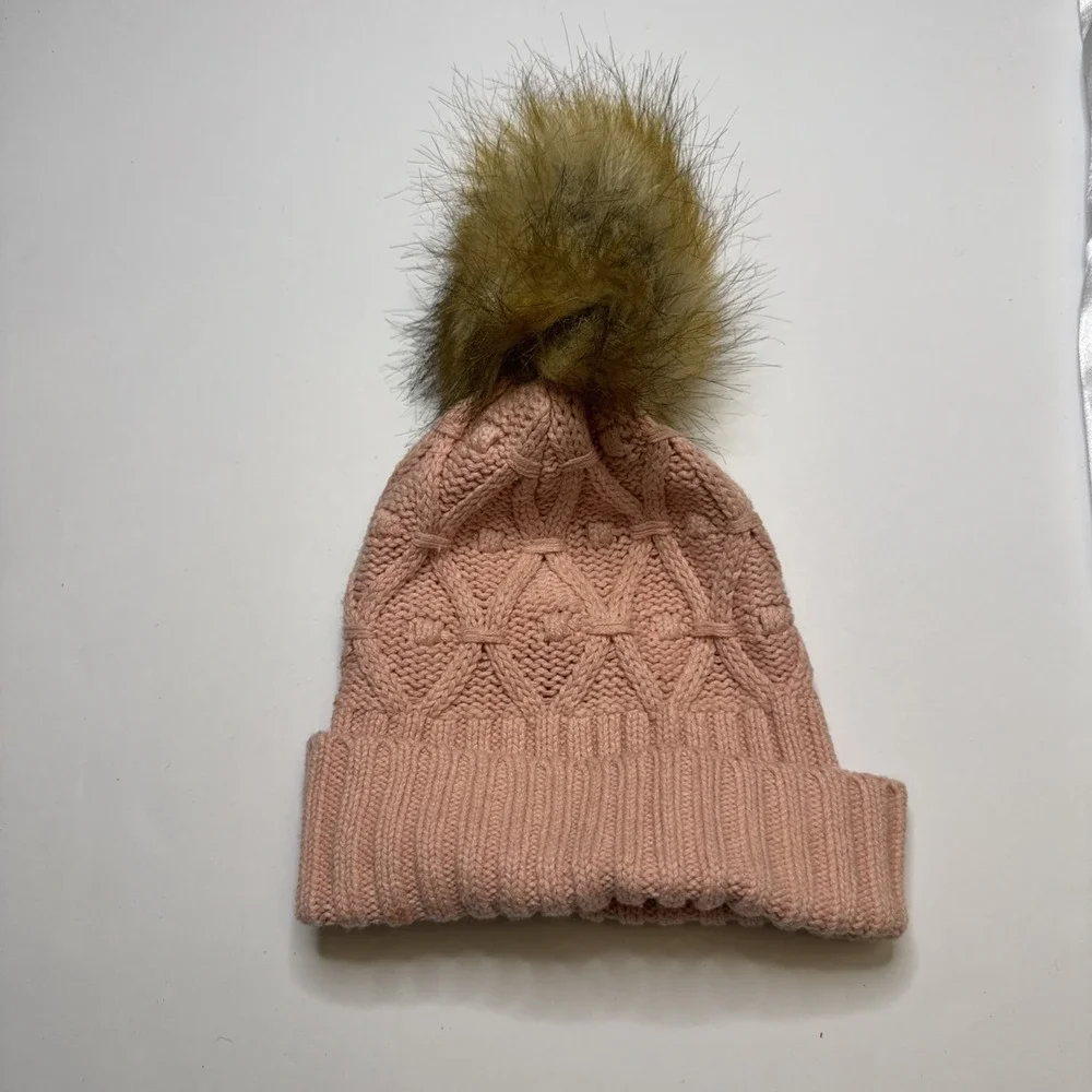 Gap Kids Girls Pink Cable Knit Beanie Faux Fur Pom Pom Hat Size S 5-6 Years‎